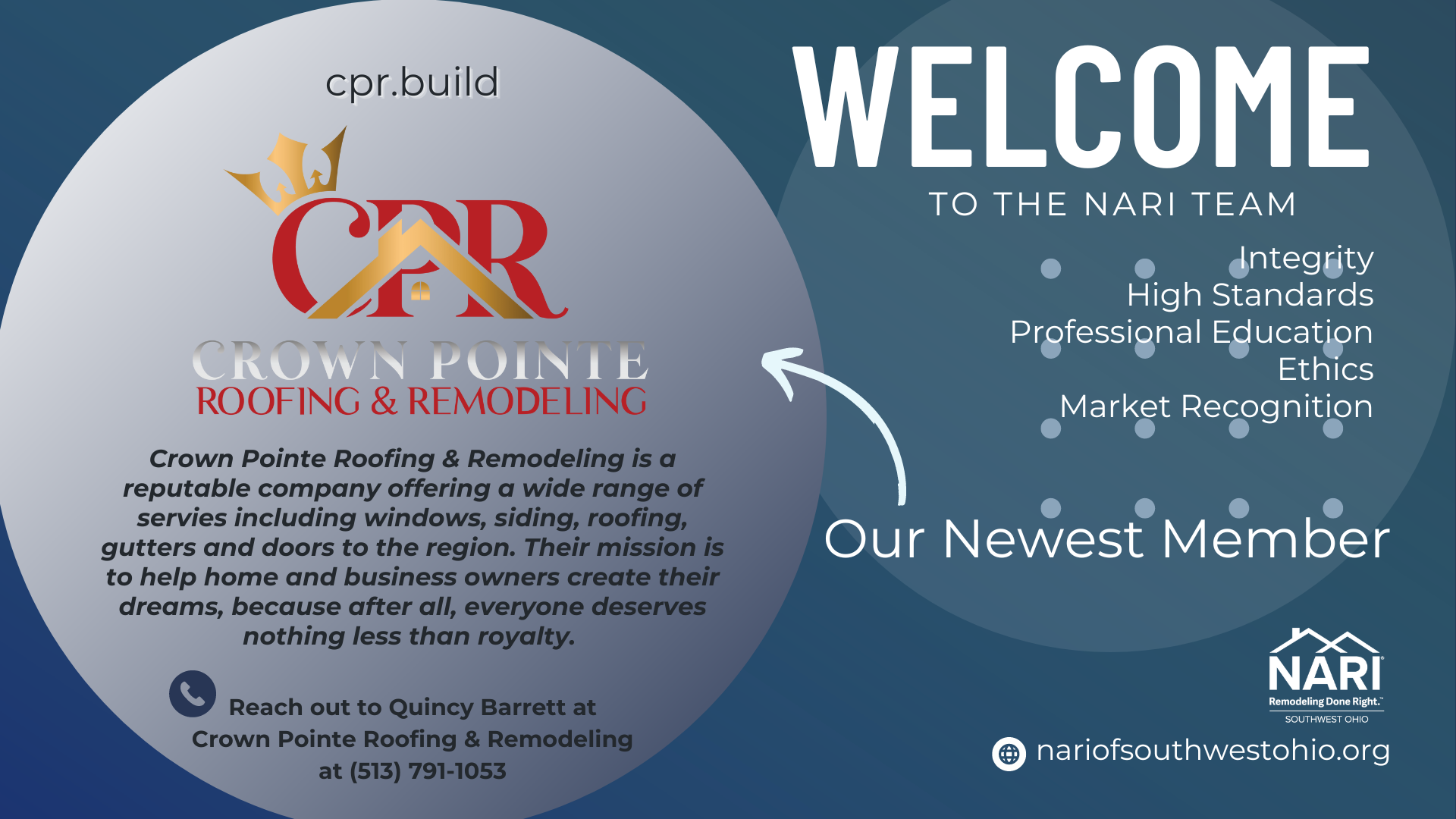 NARI of Southwest Ohio Welcomes New Member Crown Pointe Roofing & Remodeling